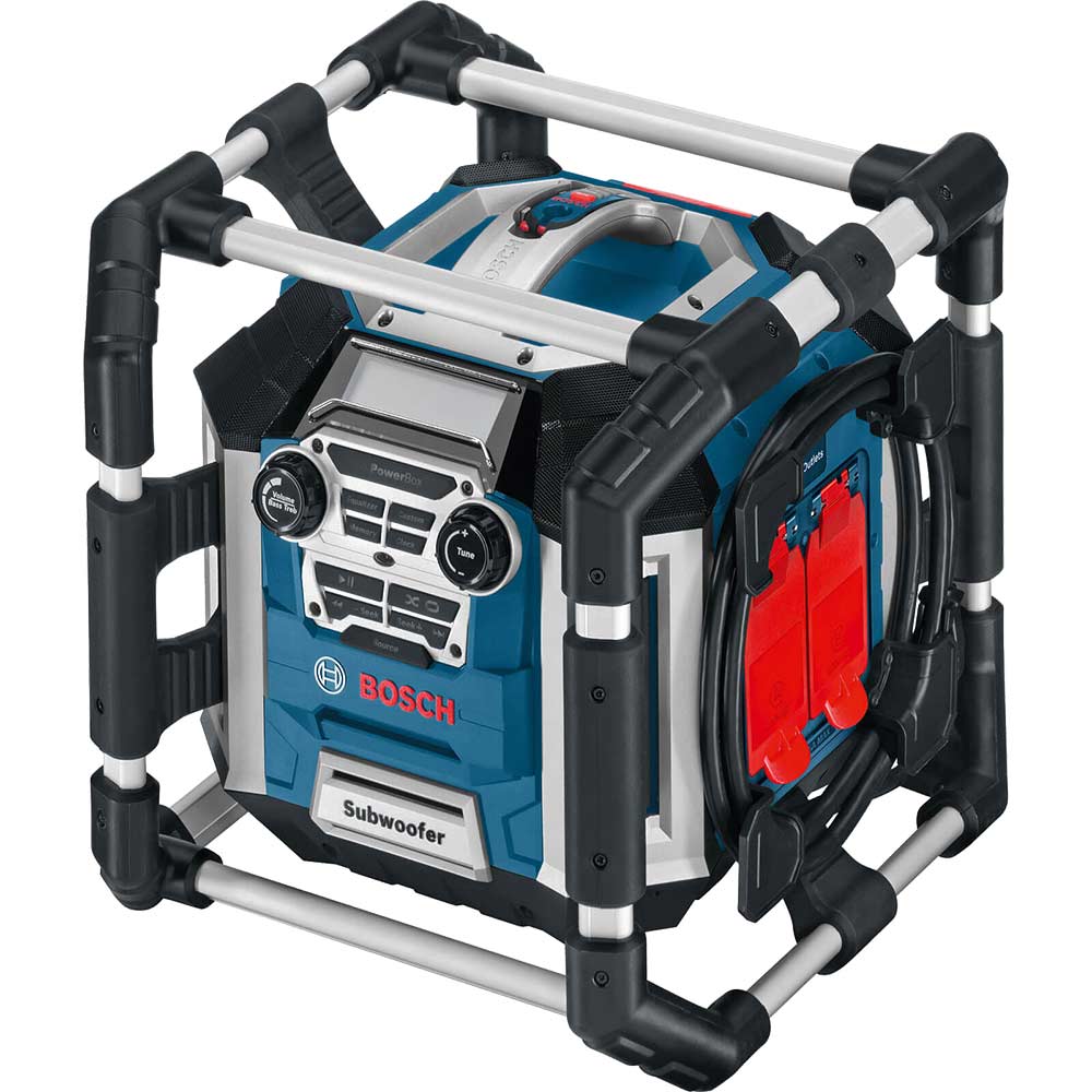 Bosch POWERBOX GML 50 Radio MP3 Speakers Battery Charger and Powerbox with 2 x 240v Sockets Runs off 240v and 144 18v Lithium Ion Batteries