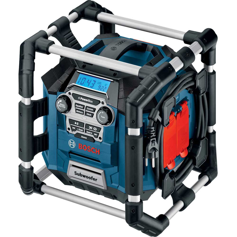 Bosch POWERBOX GML 20 Radio MP3 Speakers and Powerbox with 2 x 240v Sockets Runs off 240v and 144 18v Lithium Ion Batteries