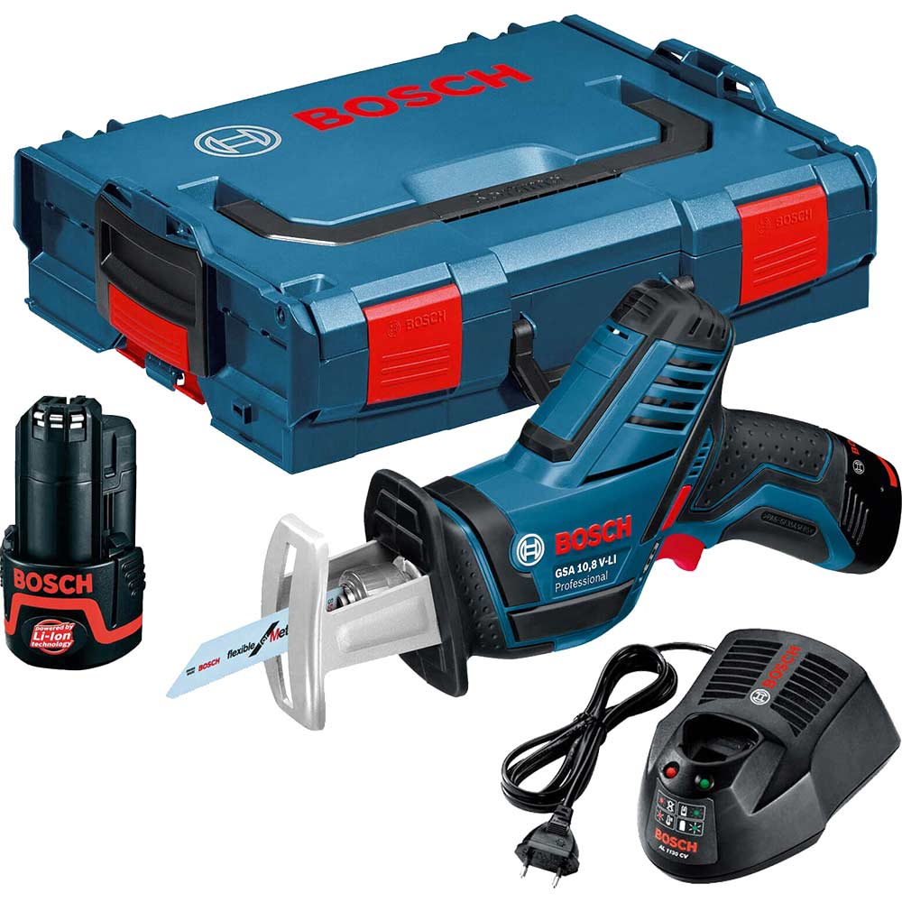 Bosch GSA 108 VLI 108v Cordless Pocket Sabre Saw with L Boxx and 2 Lithium Ion Batteries 2ah