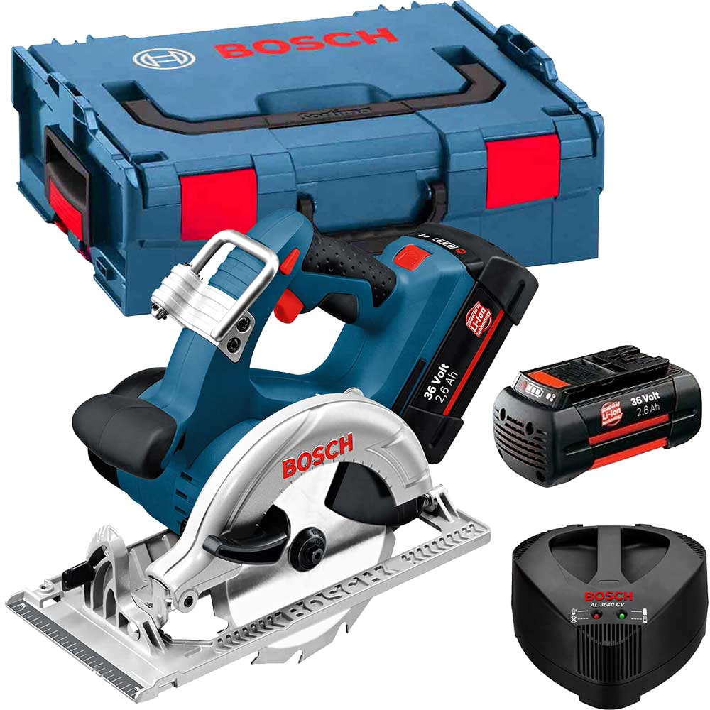 Bosch GKS 36 VLI 36v Cordless Circular Saw 165mm Blade with L Boxx and 2 Lithium Ion Batteries 26ah