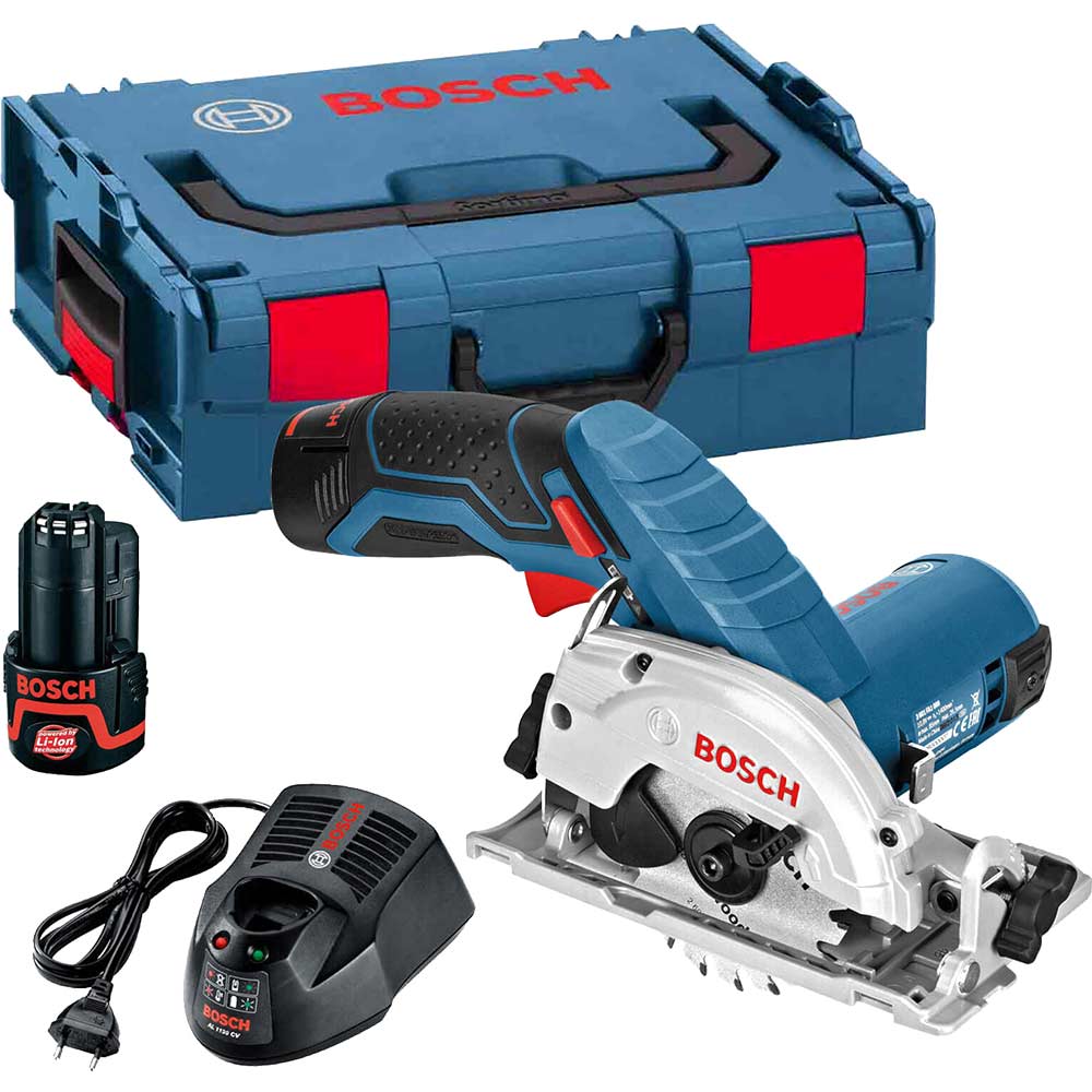 Bosch GKS 108 VLI 108v Cordless Circular Saw 85mm Blade with L Boxx and 2 Lithium Ion Batteries 2ah