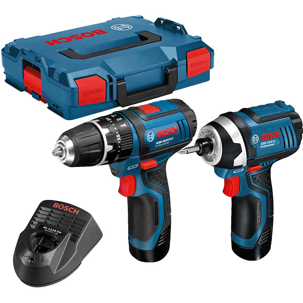 Bosch GSB 1082LI 108v Cordless Combi Drill and GDR 108LI Impact Driver with 2 Lithium Ion Batteries 2ah and L Boxx 15 Cashback from Bosch