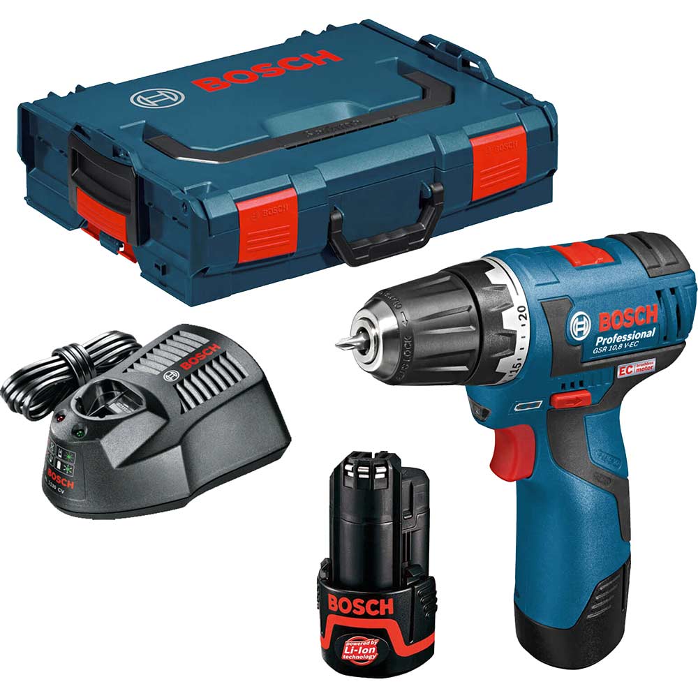 Bosch GSR 108 VEC 108v Cordless 2 Speed Brushless Drill Driver with L Boxx and 2 Lithium Ion Batteries 2ah