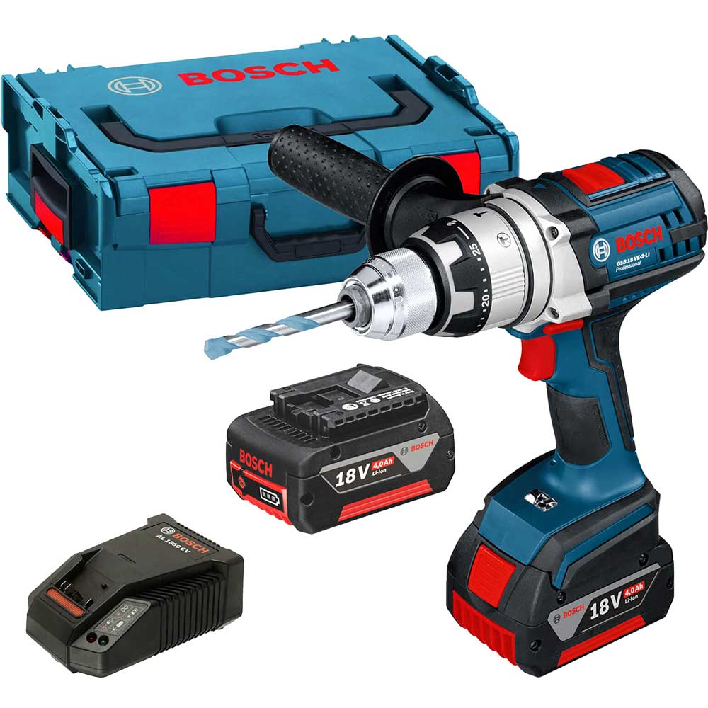 Bosch GSB 18 VE2LI 18v Cordless ROBUSTseries 2 Speed Combi Drill with L Boxx and 2 Lithium Ion Batteries 4ah