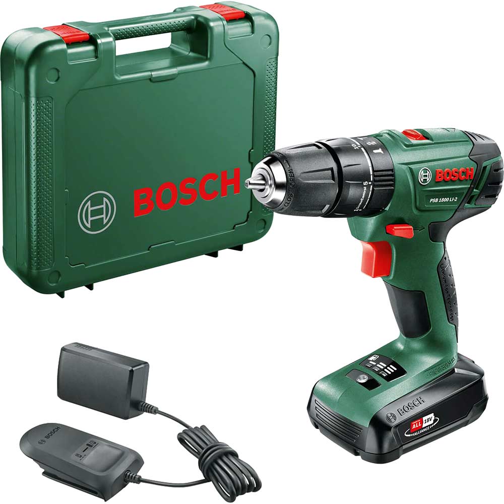 Bosch POWER4ALL PSB 1800 LI2 18v Cordless 2 Speed Combi Drill with 1 Lithium Ion Battery 15ah