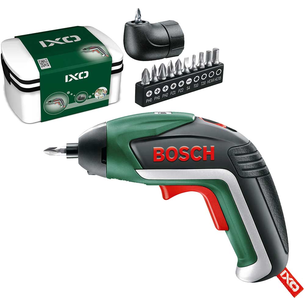 Bosch IXO V 36v Cordless Screwdriver with Integral Lithium Ion Battery and Right Angle Screw Adaptor