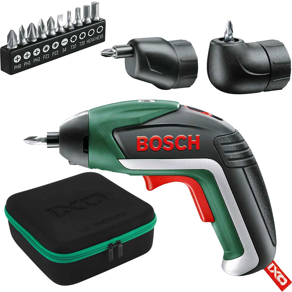 Bosch IXO V 36v Cordless Screwdriver with Integral Lithium Ion Battery Right Angle Screw Adaptor and Offset Angle Adaptor