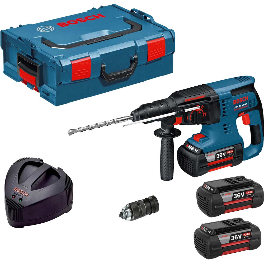 Bosch GBH 36 VFLI 36v Cordless SDS Plus Hammer Drill with Quick Change Chuck L Boxx and 3 Lithium Ion Batteries 4ah