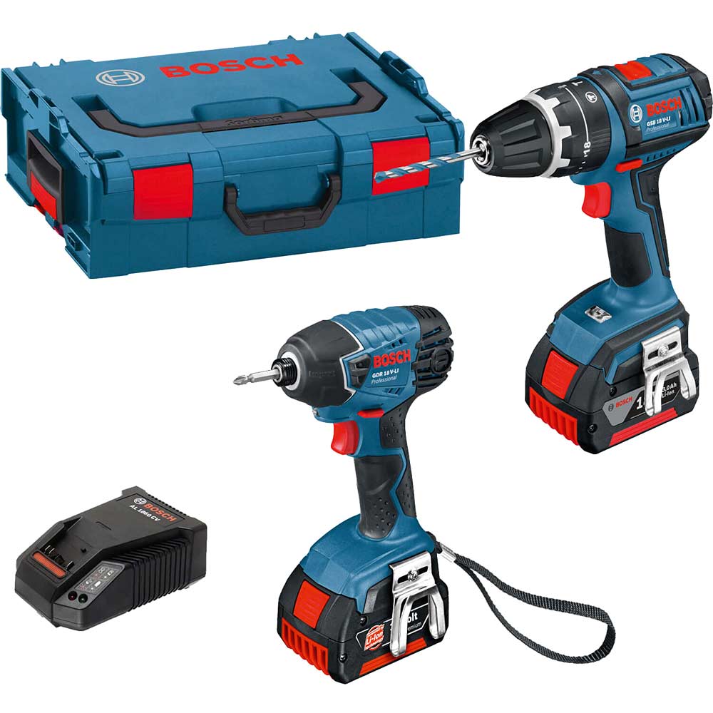 Bosch GSB 18 VLI 18v Cordless Dynamicseries Combi Drill and GDR 18 VLI 18v Cordless Impact Drill with L Boxx and 2 Lithium Ion Batteries 4ah