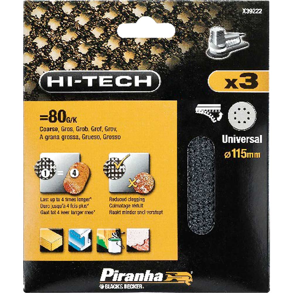 Black and Decker X39232 Piranha 115mm Mesh Sanding Disc 240g Pack of 3 for Velcro Sanders