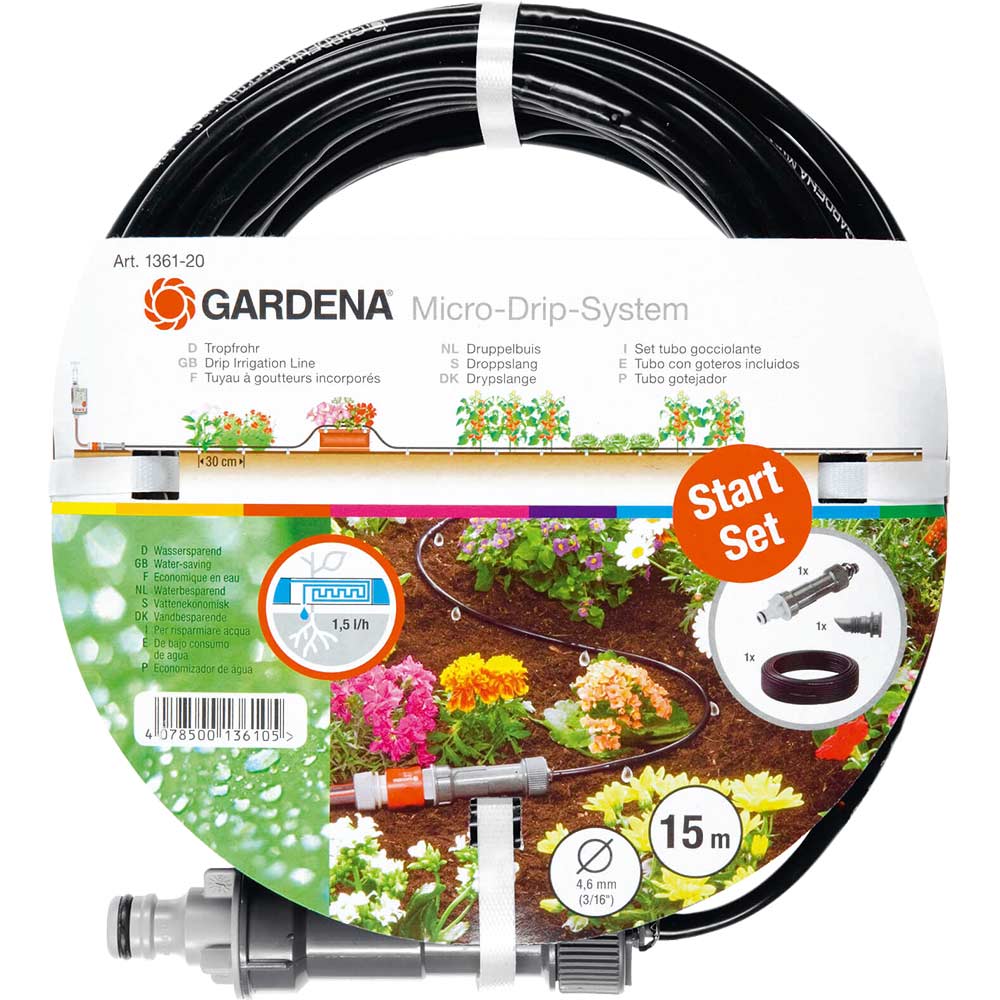 Gardena 15 Metre Above Ground Drip Irrigation Pipe 46mm 316 Micro Drip System with Master Unit 1000 Pressure Reducer