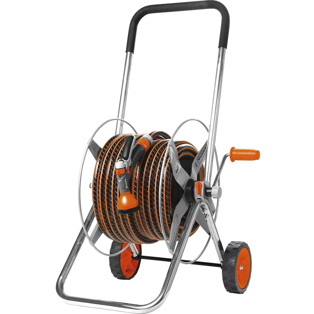 Gardena 60 Metre Metal Hose Cart with 30 Metre Classic Hose Pipe Spray Gun and Connectors 125mm 12