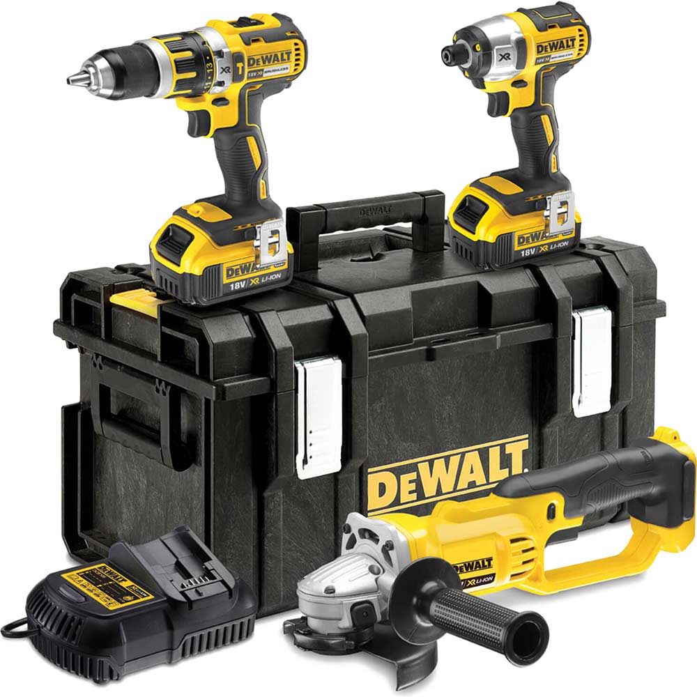 DeWalt DCK382M2 18v Cordless Brushless XR Combi Drill Impact Driver and Angle Grinder with 2 Lithium Ion Batteries 4ah