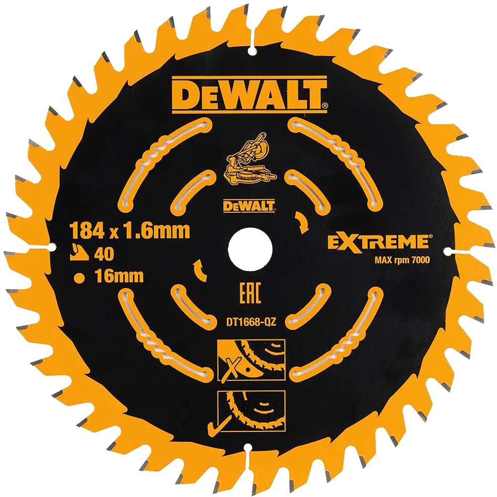 DeWalt DT1668 Circular Saw Blade for Cordless Mitre Saws 184mm x 16mm x 40 Teeth