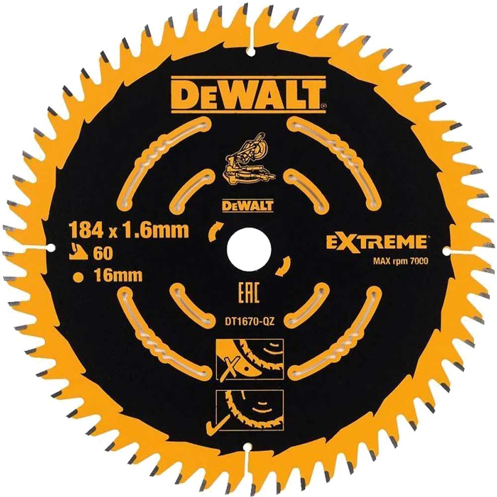 DeWalt DT1670 Circular Saw Blade for Cordless Mitre Saws 184mm x 16mm x 60 Teeth