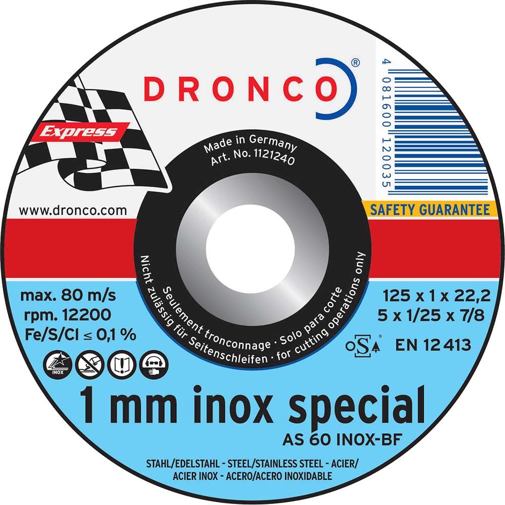 Dronco AS 60 T INOX 115mm x 1mm x 222mm Bore Grinder Inox Cutting Discs Pipes Pack of 10