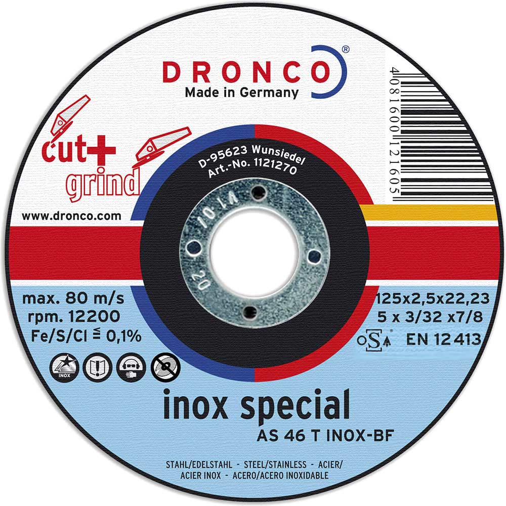 Dronco AS 46 T INOX 125mm x 25mm x 222mm Bore Angle Grinder Inox Cutting and Grinding Disc for All Steel