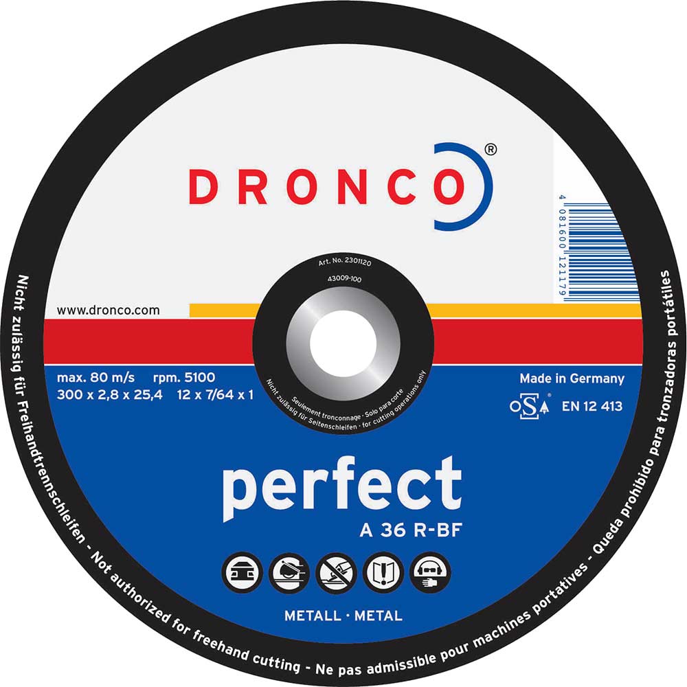 Dronco A 36 R PERFECT 350mm x 3mm x 254mm Bore Flat Metal Cutting Disc