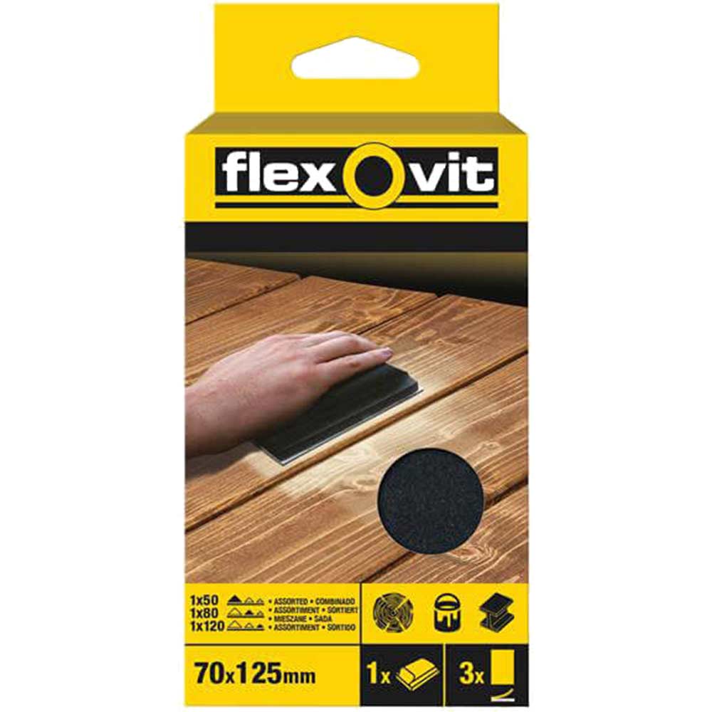 Flexovit Hook and Loop Sanding Block with 3 Sanding Sheets
