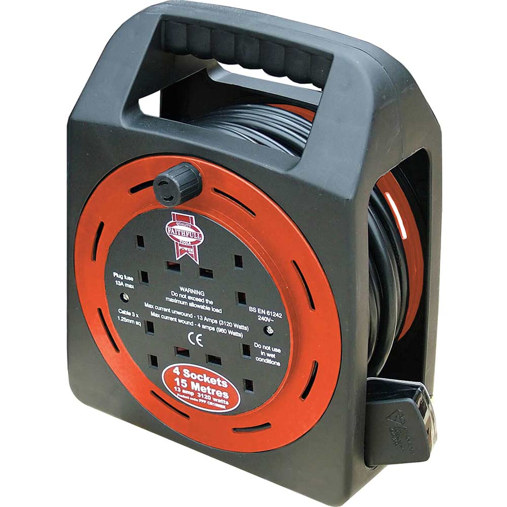 Faithfull 4 Socket 15 Metre Cassette Cable Reel 13amp 240v
