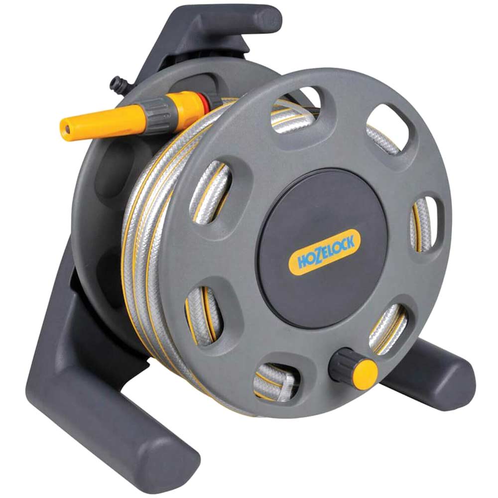 Hozelock 30 Metre Compact Floor Standing Hose Reel with 15 Metre Hose Pipe Nozzle and Connectors