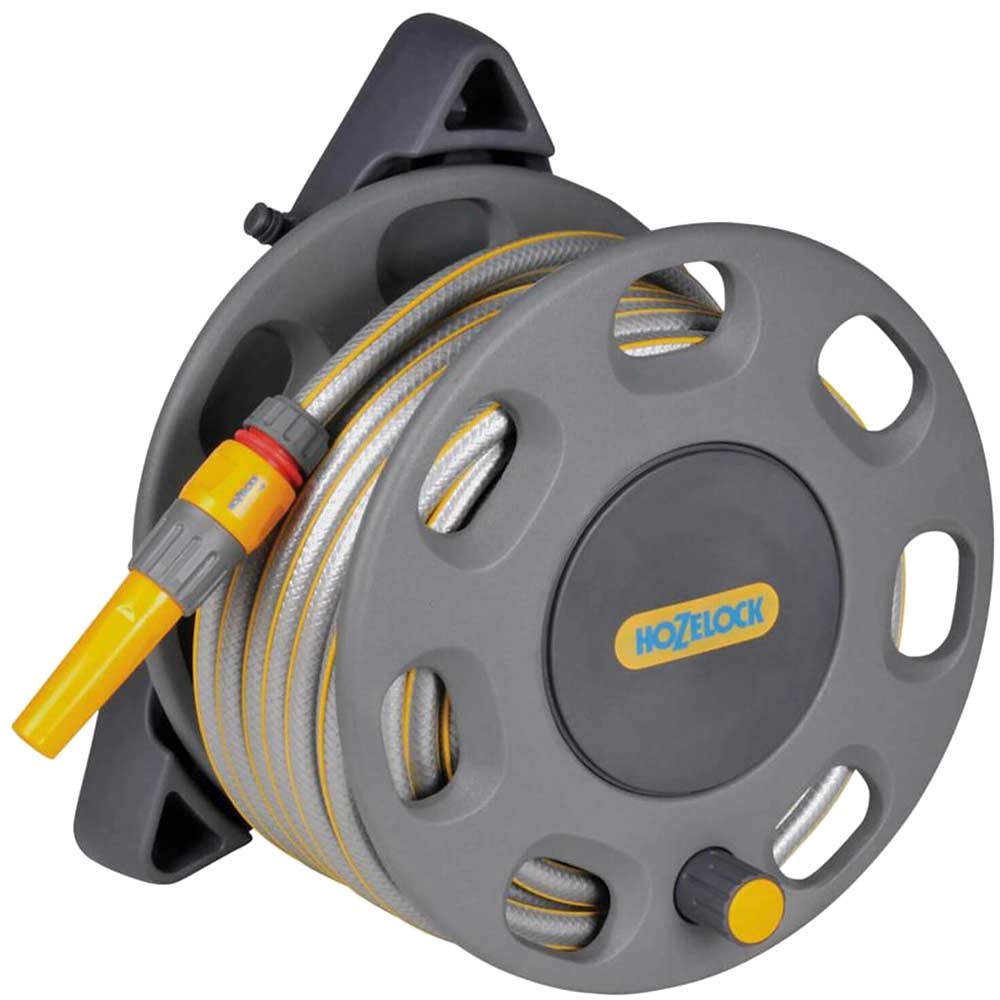 Hozelock 30 Metre Compact Wall Mounted Hose Reel with 15 Metre Hose Pipe Hose Guide and Connectors