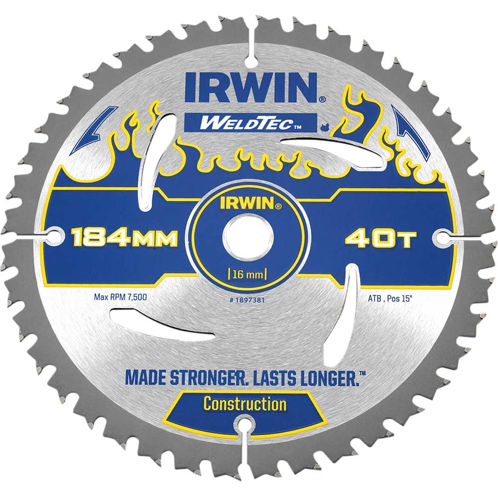 Irwin Weldtec Circular Saw Blade 184mm x 40 Teeth x 16mm Bore ATB