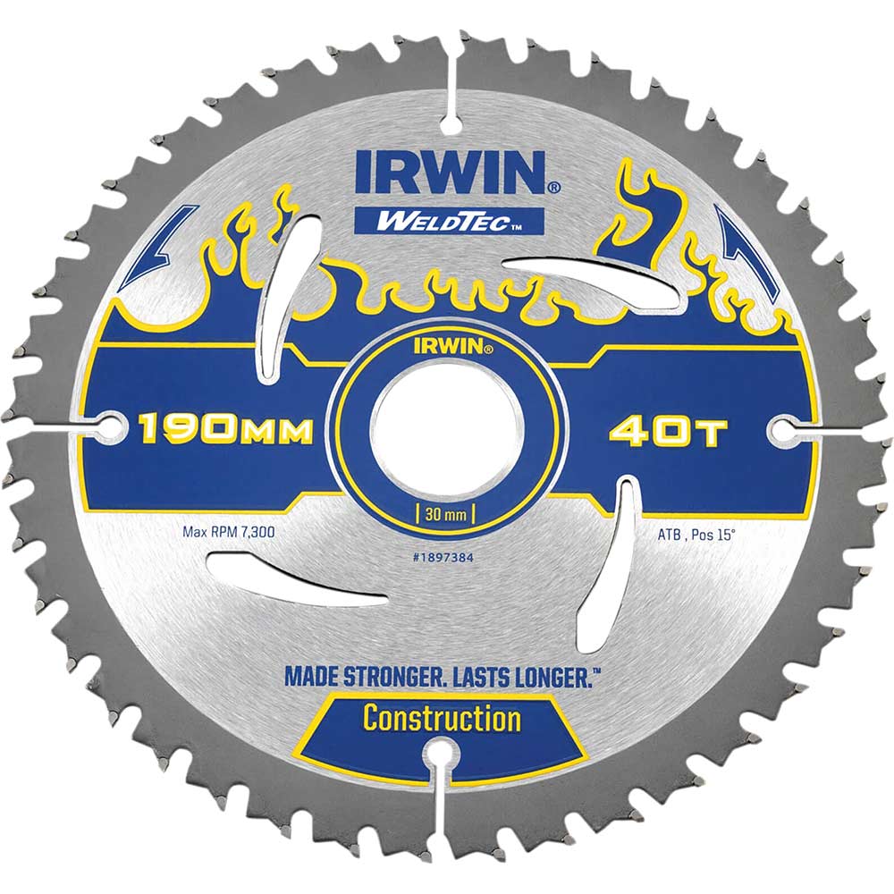 Irwin Weldtec Circular Saw Blade 190mm x 40 Teeth x 30mm Bore ATB