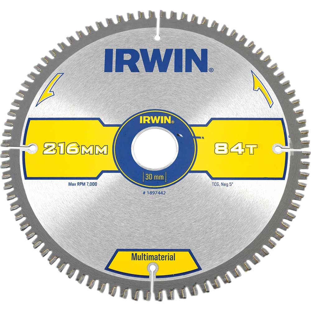 Irwin Multi Material Circular Saw Blade 216mm x 30mm Bore 84 Teeth TCG Neg