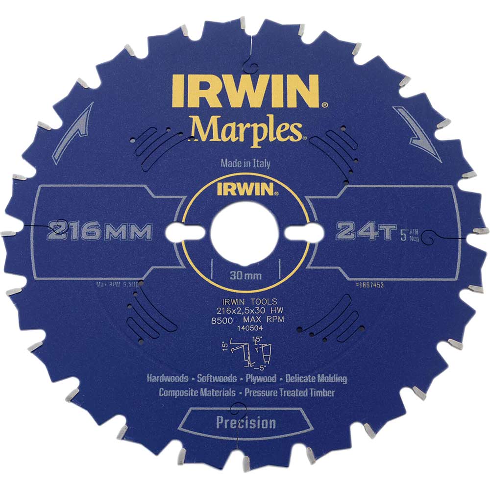 Irwin Marples Circular Saw Blade 216mm x 24 Teeth x 30mm Bore ATB Neg M