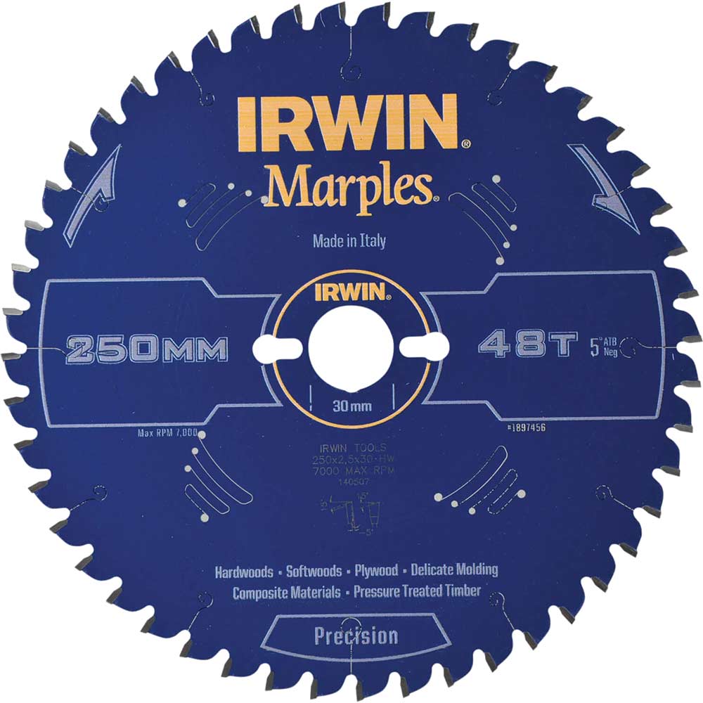Irwin Marples Circular Saw Blade 250mm x 48 Teeth x 30mm Bore ATB Neg M