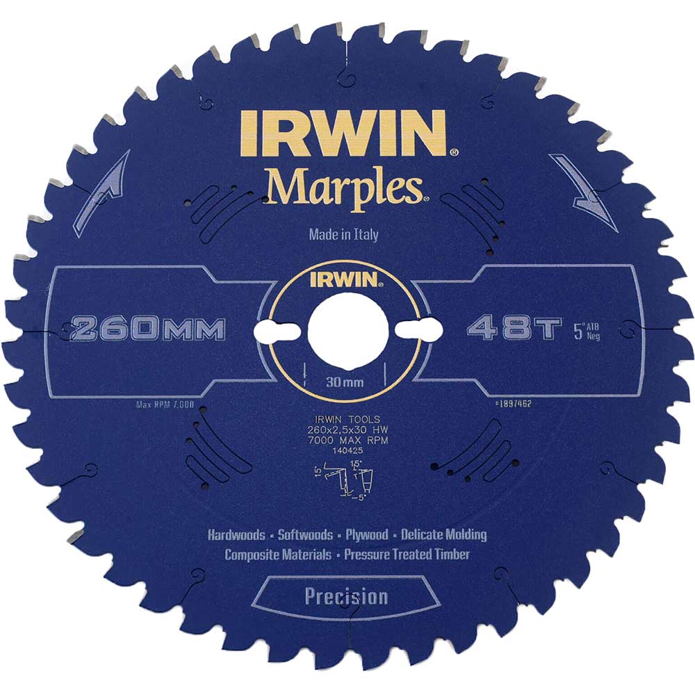 Irwin Marples Circular Saw Blade 260mm x 48 Teeth x 30mm Bore ATB Neg M