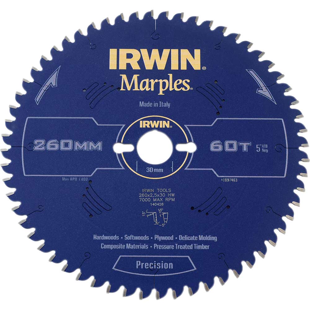 Irwin Marples Circular Saw Blade 260mm x 60 Teeth x 30mm Bore ATB Neg M