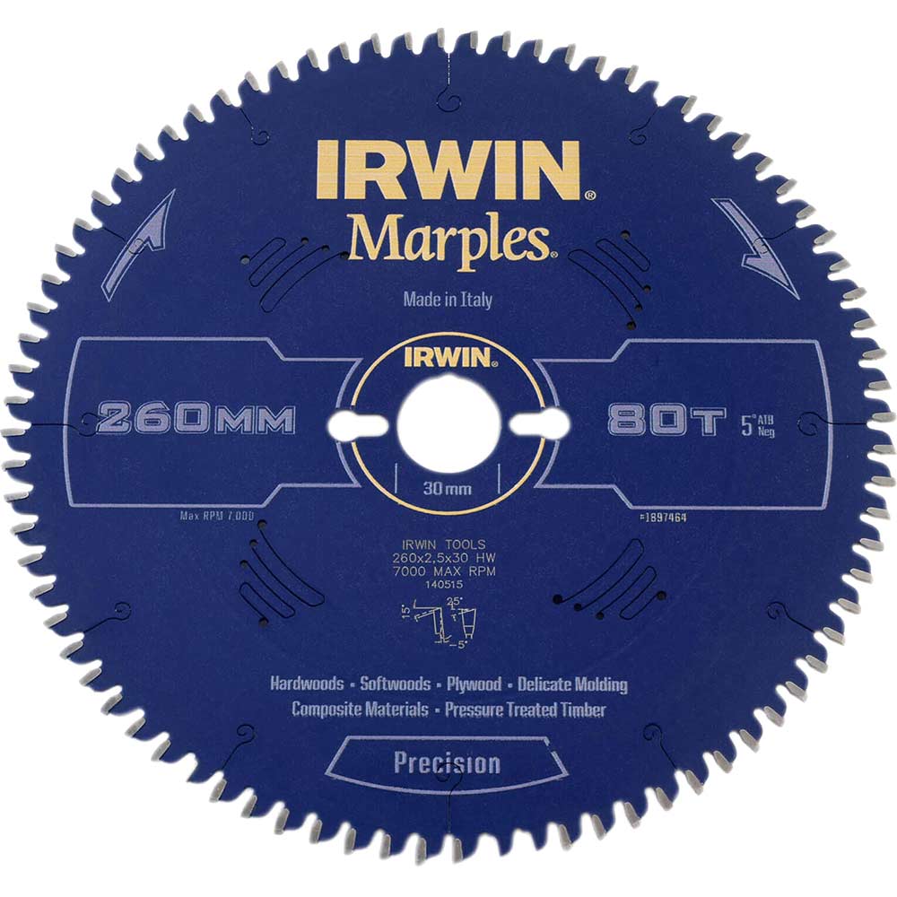 Irwin Marples Circular Saw Blade 260mm x 80 Teeth x 30mm Bore ATB Neg M