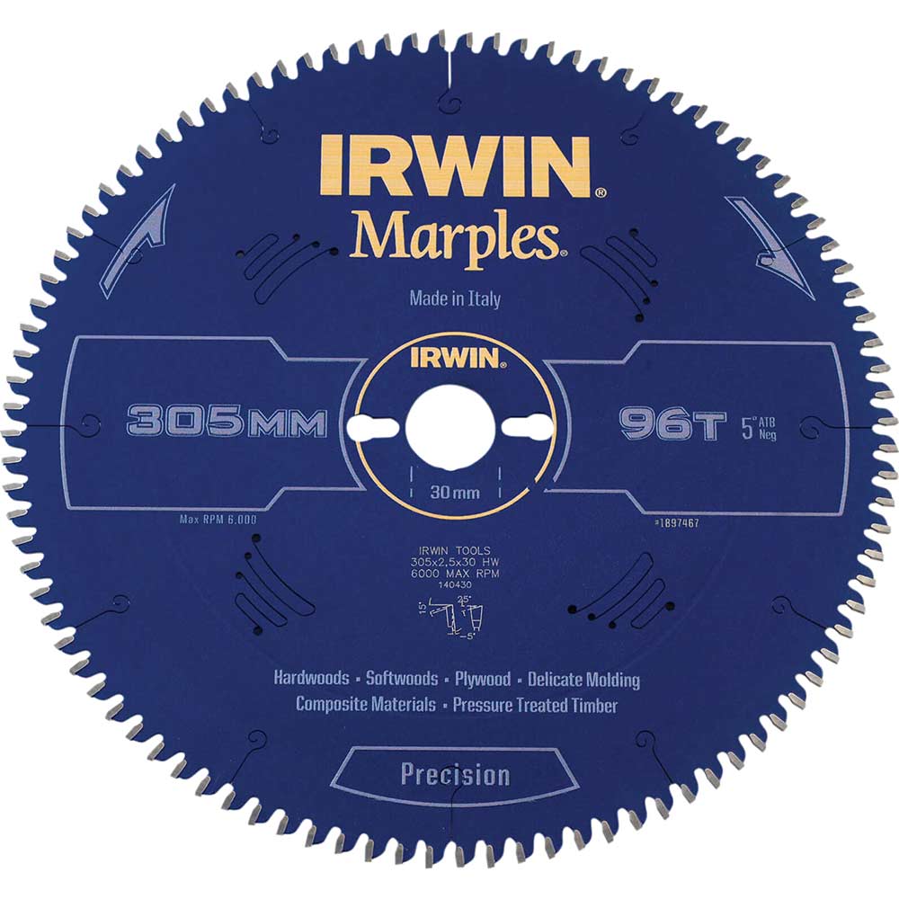Irwin Marples Circular Saw Blade 305mm x 96 Teeth x 30mm Bore ATB Neg M