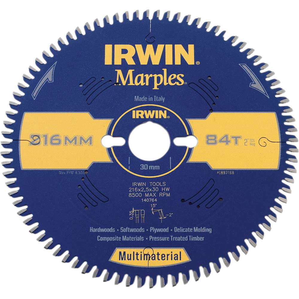 Irwin Marples Circular Saw Blade 216mm x 84 Teeth x 30mm Bore TCG Neg