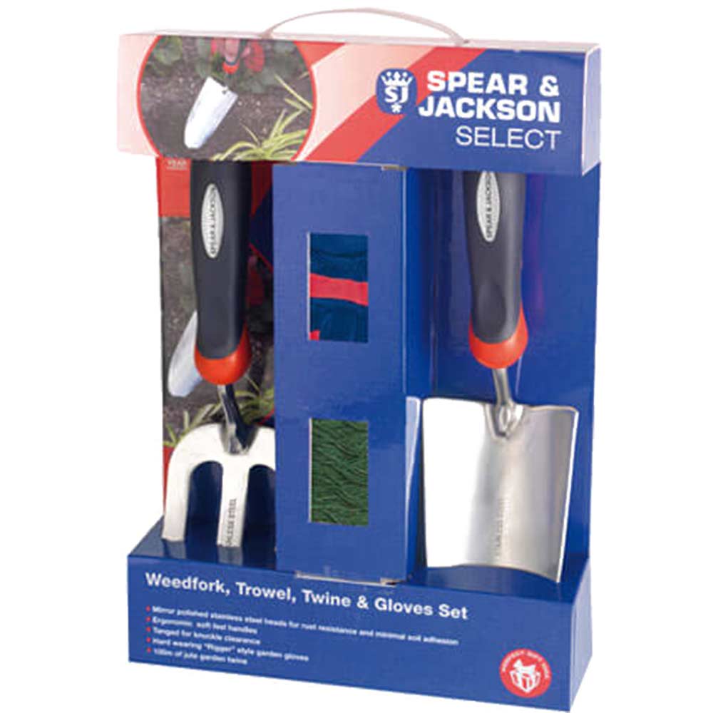 Spear and Jackson Select Stainless Steel 2 Piece Hand Trowel and Weedfork Set with Twine and Gloves