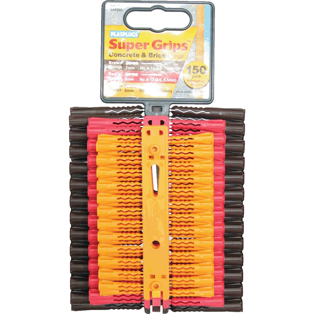 Plasplugs Super Grips Concrete and Brick Fixings Assorted Pack of 150 Red Yellow and Brown Wall Plugs