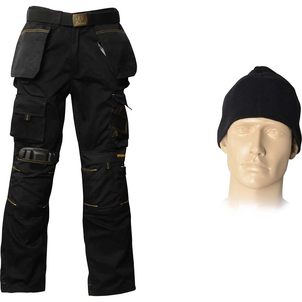 Roughneck Mens Reinforced Work Trousers 32 Waist with Belt Beanie and Kneepads