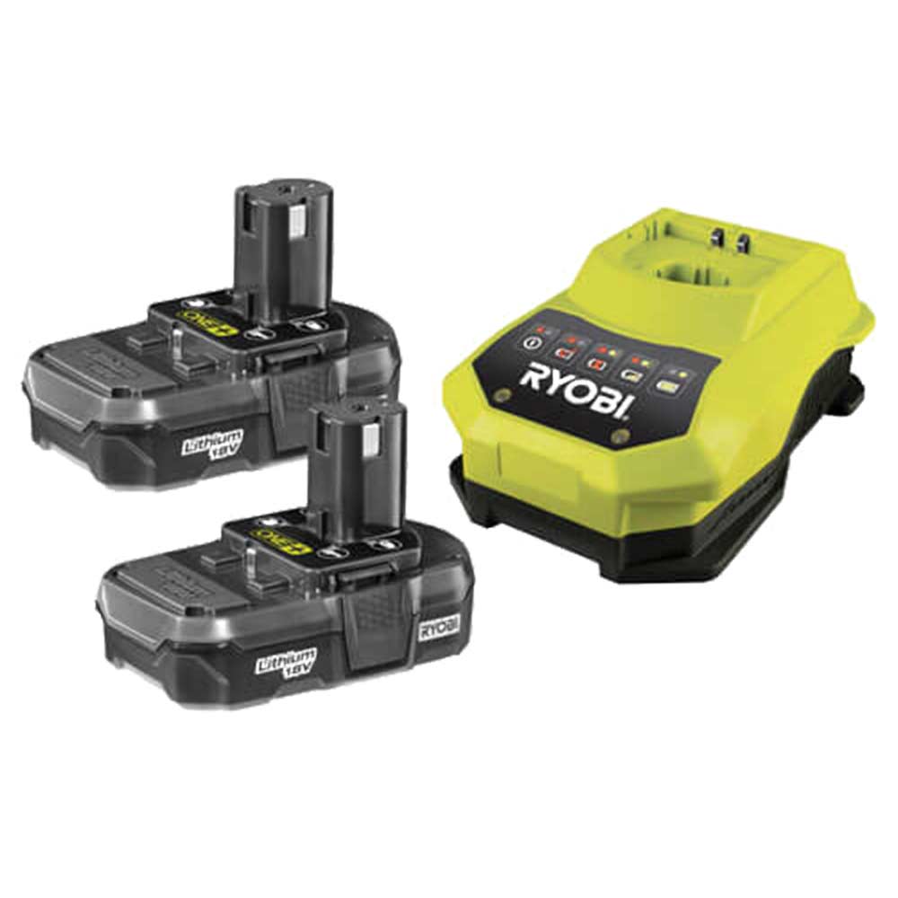 Ryobi RBC18LL13 18v Cordless Lithium Ion Slim Batteries 13ah Pack of 2 with Super Charger for ONE Compatible Tools