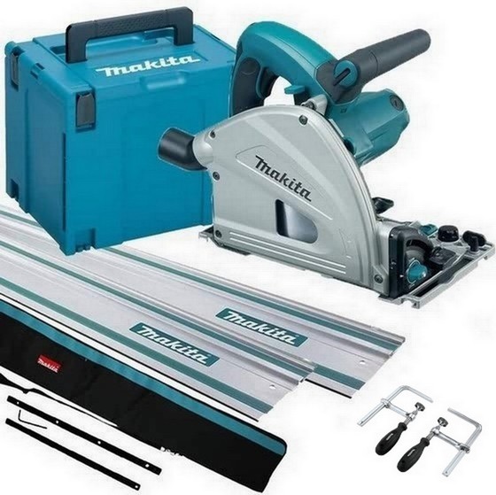 MAKITA SP6000J1 165MM CIRCULAR PLUNGE SAW 110V WITH 2X 14M RAILS CONNECTOR RAIL BAG CLAMPS AND MAKPAC CASE