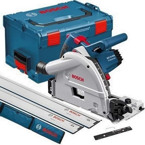 BOSCH GKT55GCE 165MM PLUNGE SAW KIT 1400W SUPPLIED IN LBOXX 110V 2X GUIDE RAILS BAG AND CONNECTOR
