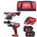 MILWAUKEE M18FPDM18CAG115XPD502B 18V BRUSHLESS COMBI HAMMER DRILL and ANGLE GRINDER WITH 2X 50AH LIION BATTERY CHARGER and CANVAS BAG