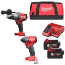 MILWAUKEE M18FPDM18FID502B 18V BRUSHLESS COMBI HAMMER DRILL and IMPACT DRIVER WITH 2X 50AH LIION BATTERY CHARGER and CANVAS BAG